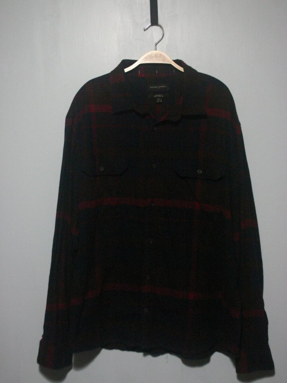 Banana Republic Plaid Flannel Shirt Black Burgundy Red Dual Pocket XL